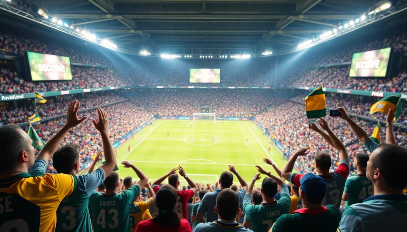 Exciting socolive live football match atmosphere with enthusiastic fans and vivid colors.