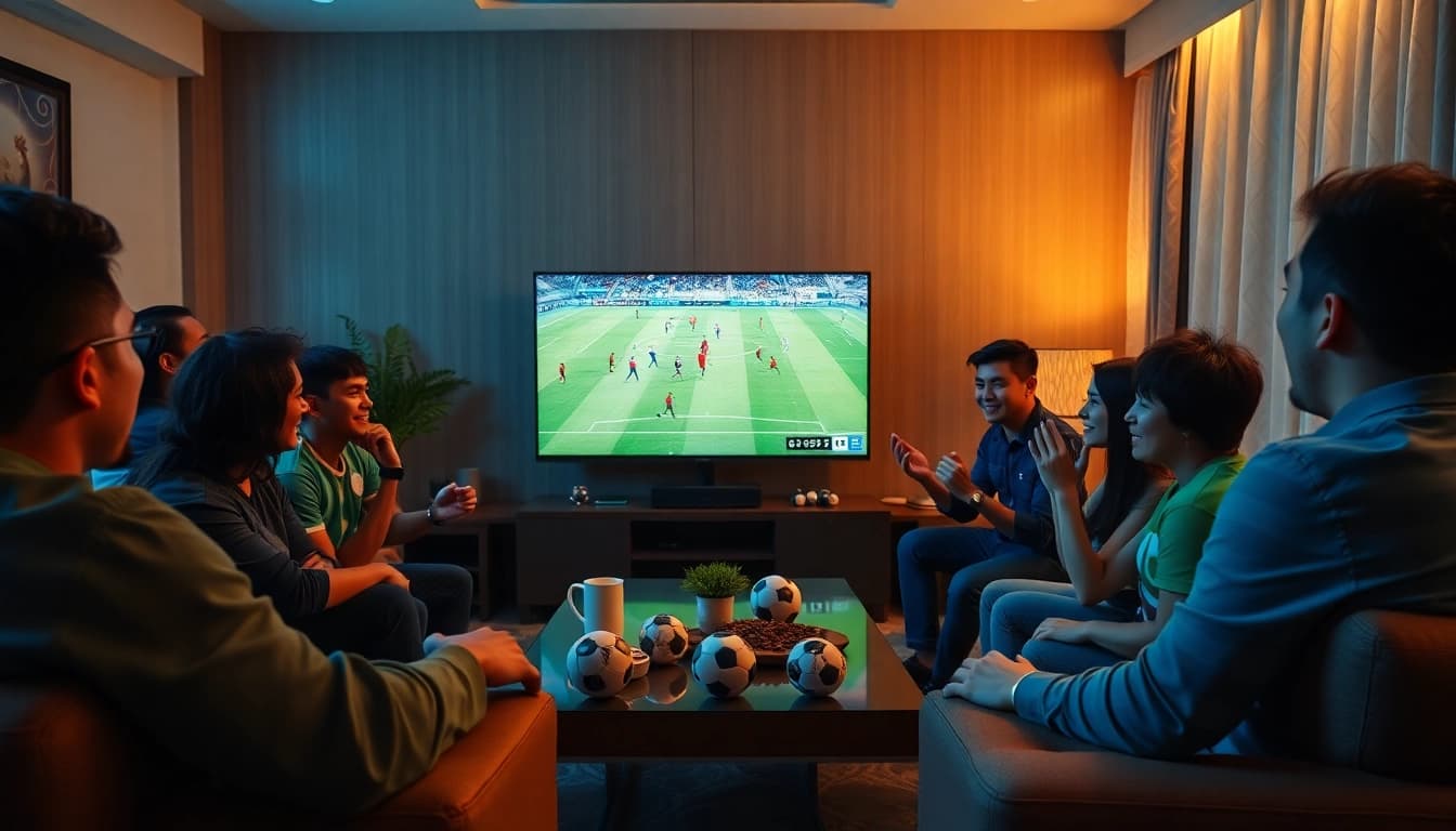 Friends watching football on Luongsontv in a lively living room atmosphere.
