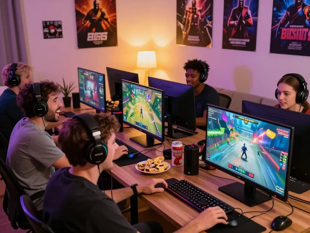 Bioskop69 interactive gaming scene with players enjoying online games in a lively living room.