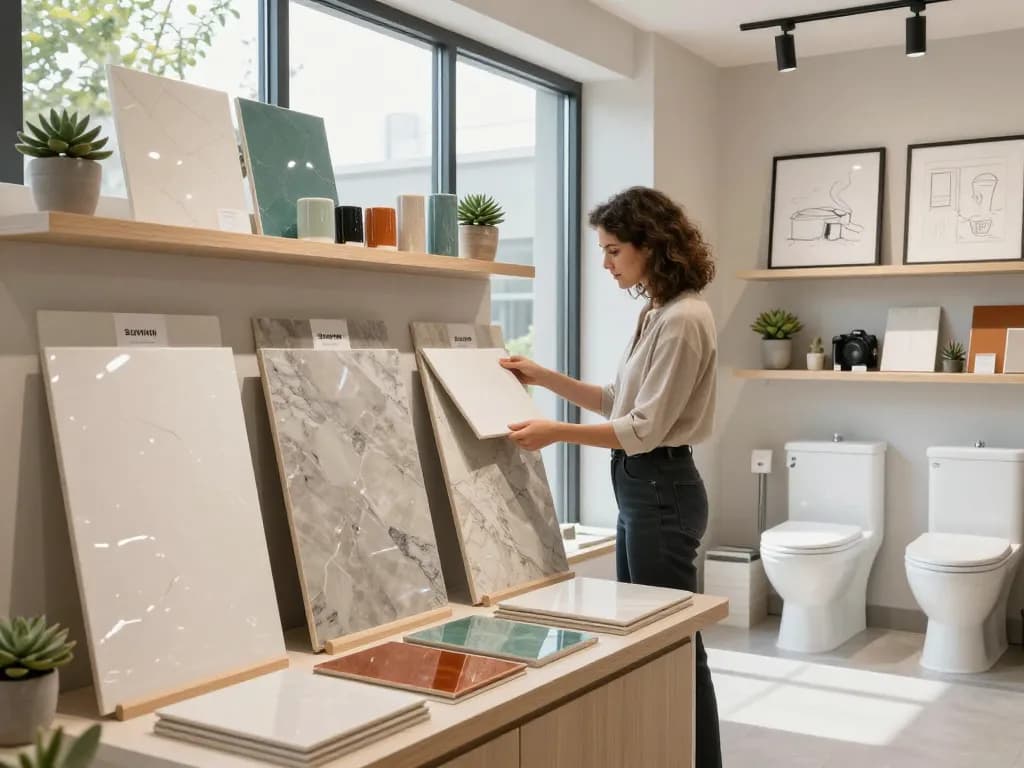 Sunvin ceramics showcase featuring elegant tiles and sanitary ware in a stylish showroom.