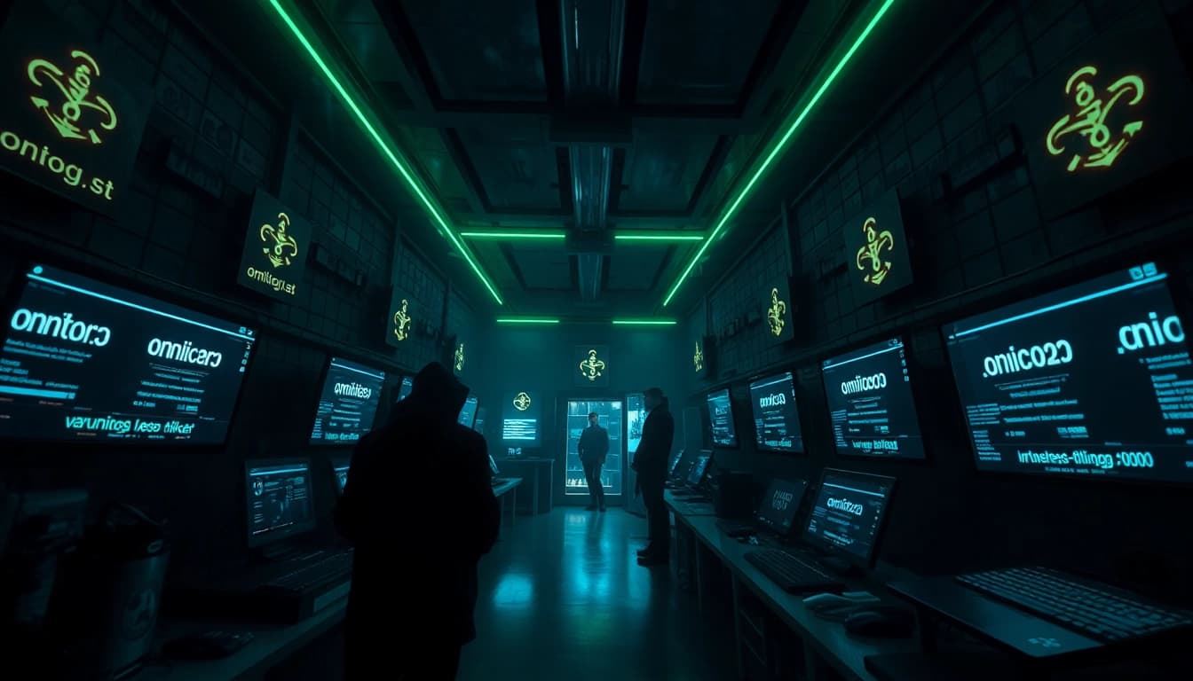 The hidden wiki directory showcasing a futuristic dark web marketplace with glowing screens and shadows.