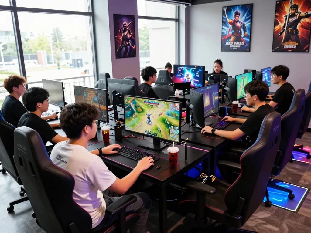 Gamers enjoying a thrilling session at Barcaslot https://blackmomsblog.com/about/ gaming lounge with vibrant graphics.