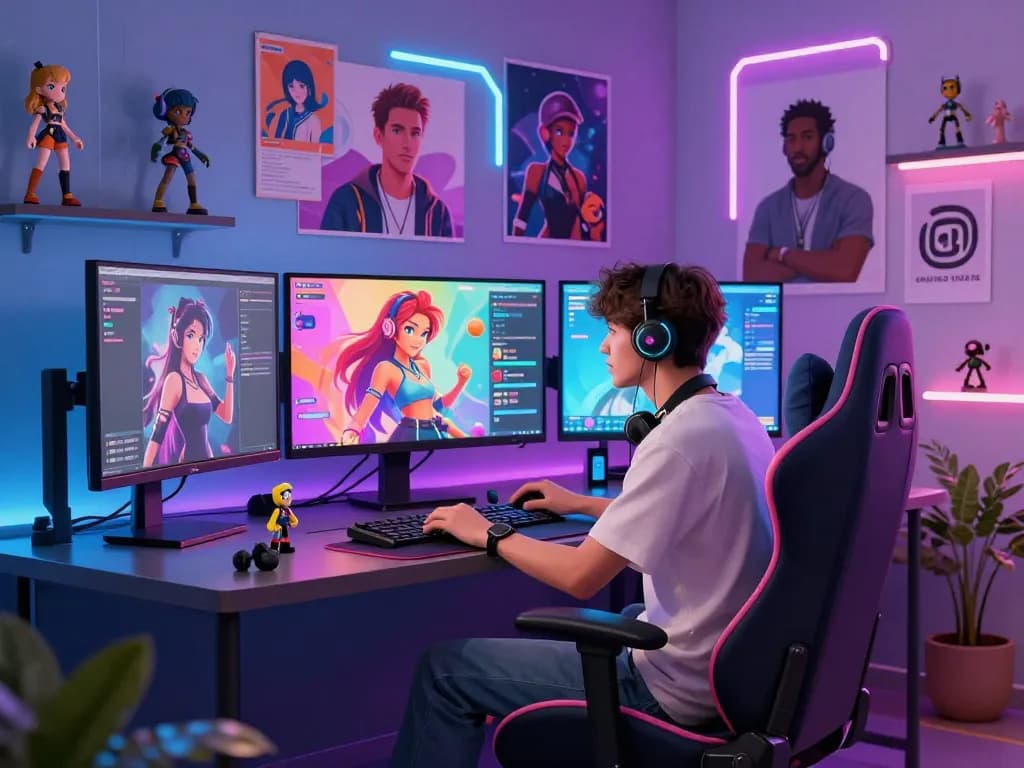 Engaging NSFW AI interaction scene with a user at a modern gaming setup, showcasing vibrant character designs and immersive atmosphere.