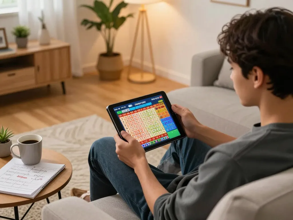 Engaged player placing bets in an online togel session on a tablet, showcasing responsible gaming.