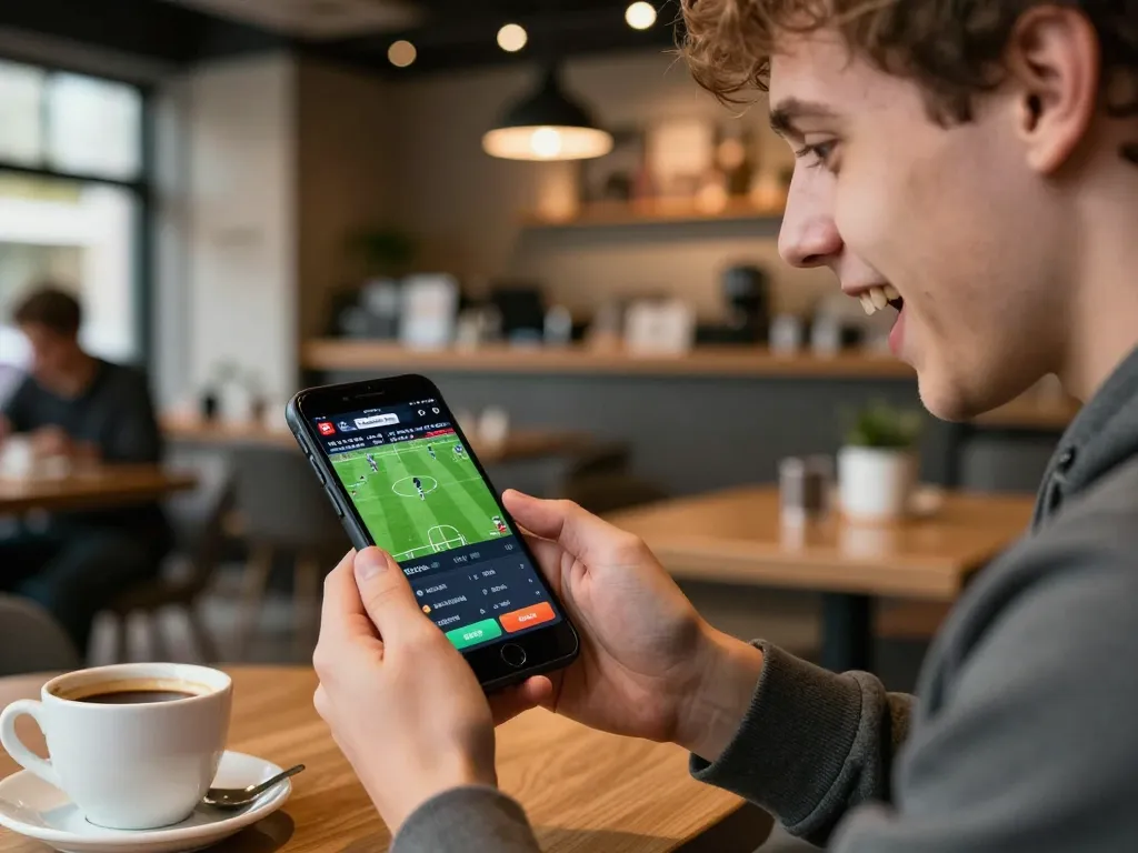 Player actively placing bets on nk88 sports app while watching live Bundesliga match in a trendy cafe