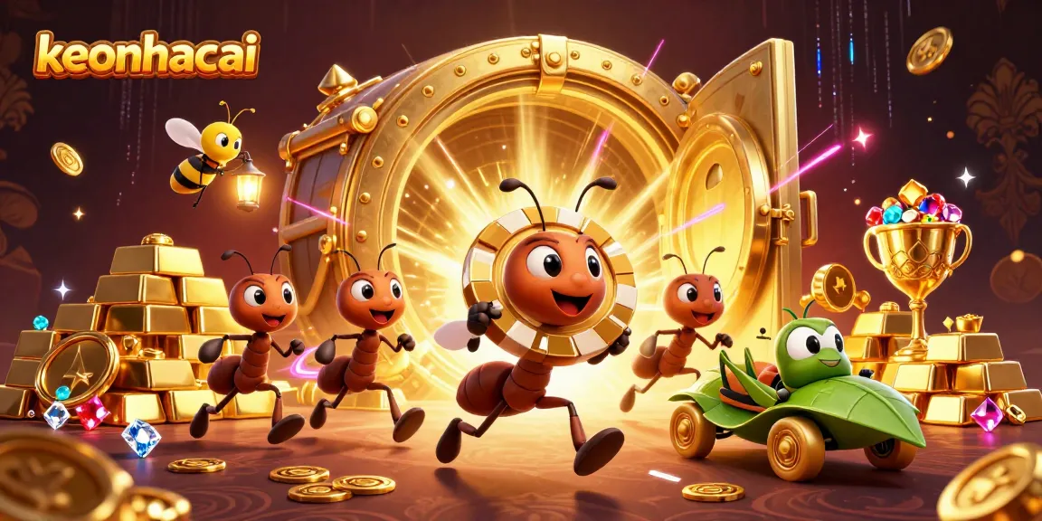 Engaging keonhacai scene with a team of animated ants executing a heist amid gold and jewels.