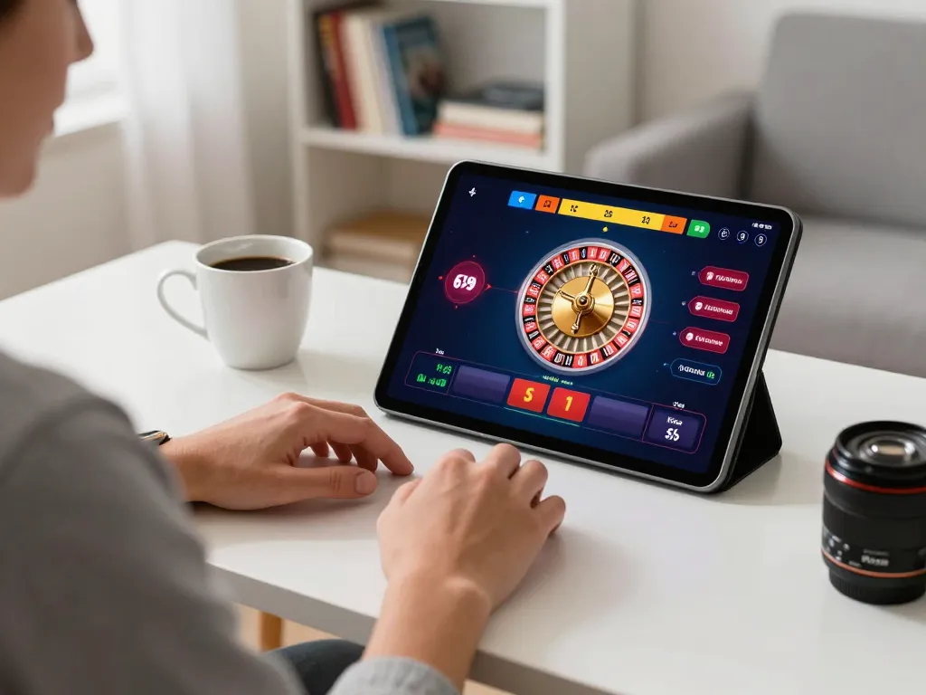 FABET player engaging in live casino games on a tablet in a stylish home office