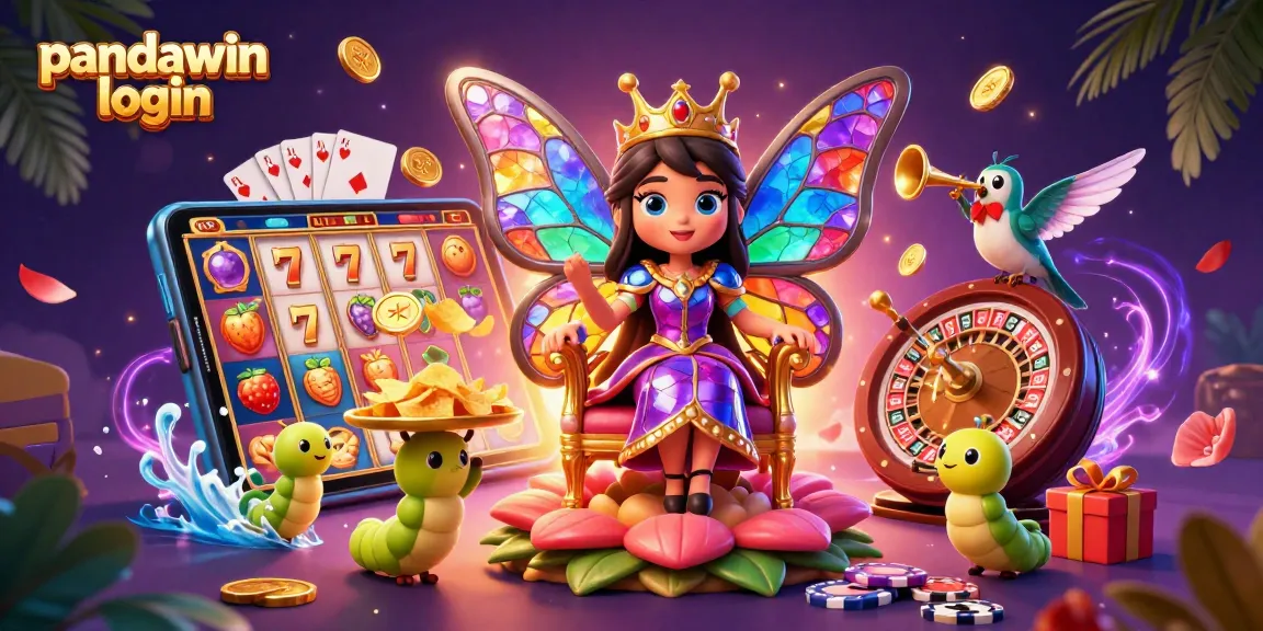 Experience the thrill of pandawin login with a vibrant 3D illustration of a casino-themed fantasy scene.