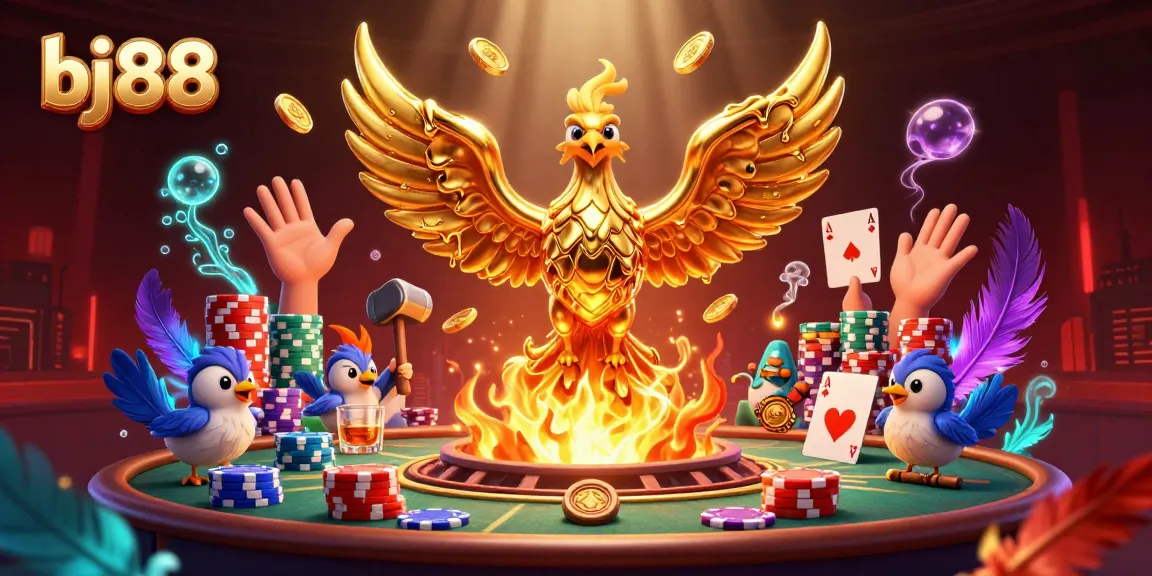 Bet on bj88 with thrilling gameplay in a dynamic 3D illustration featuring divine phoenix and arena.