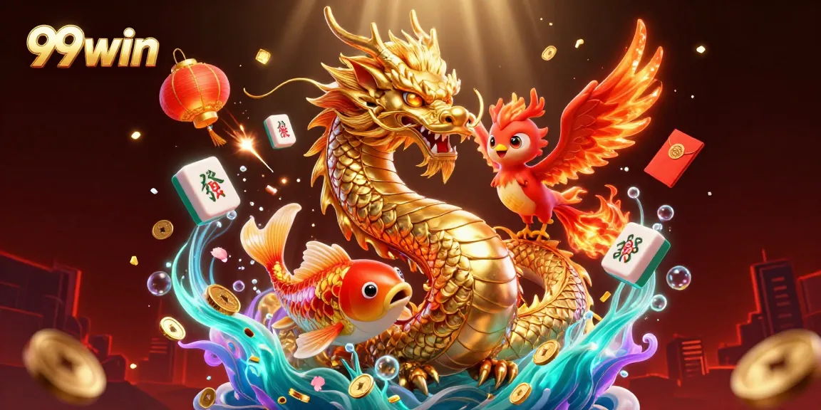Engage in thrilling games at 99win with golden koi fish leaping through coins in a lavish casino setting.