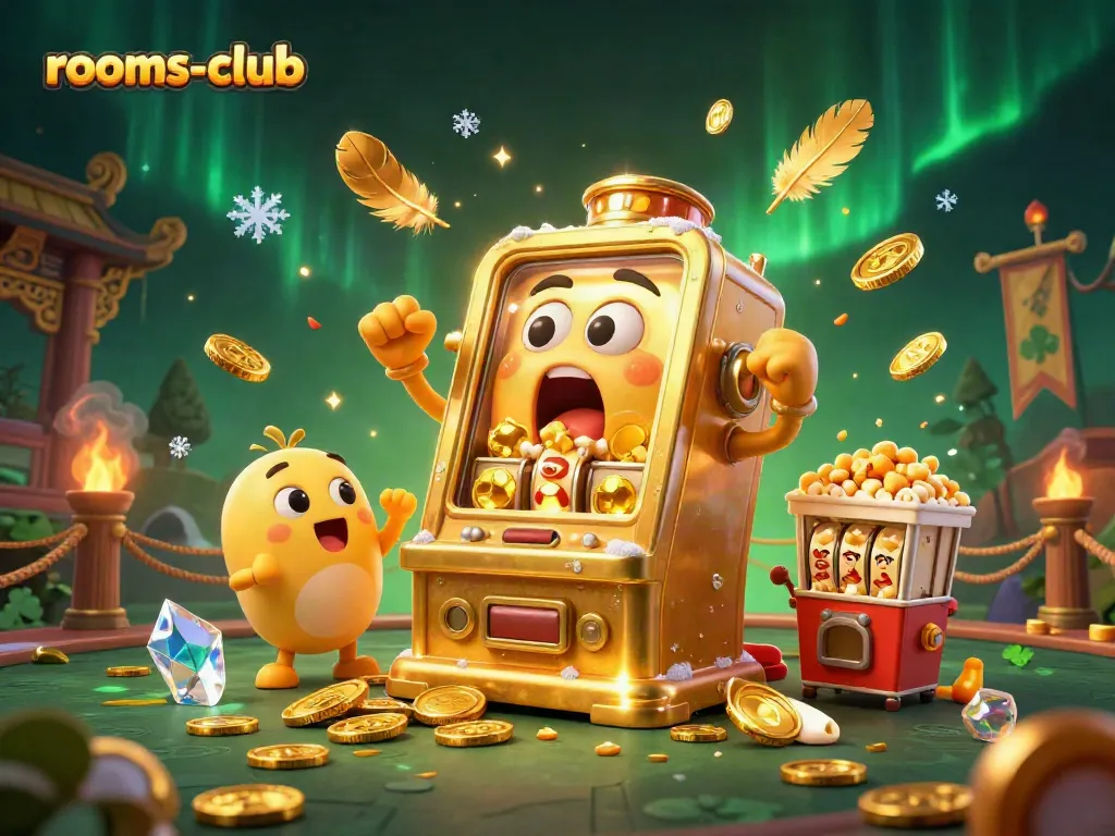 Slot mesin emas di rooms-club merayakan jackpot sambil dikelilingi oleh mesin slot kecil dan popcorn emas.