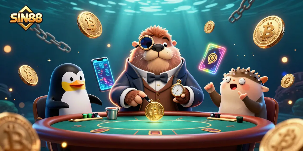 Engage in thrilling poker games with SIN88's vibrant underwater casino illustration featuring a walrus and friends.
