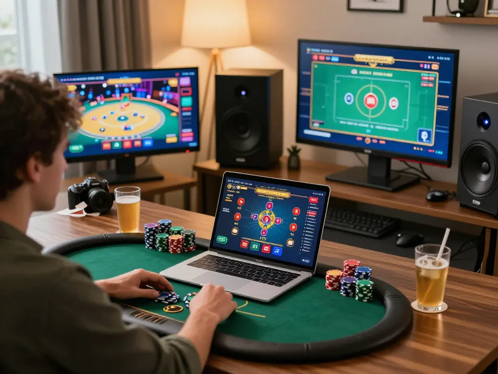 Ligalgo player enjoying poker on a laptop, surrounded by colorful chips, highlighting interactive gaming