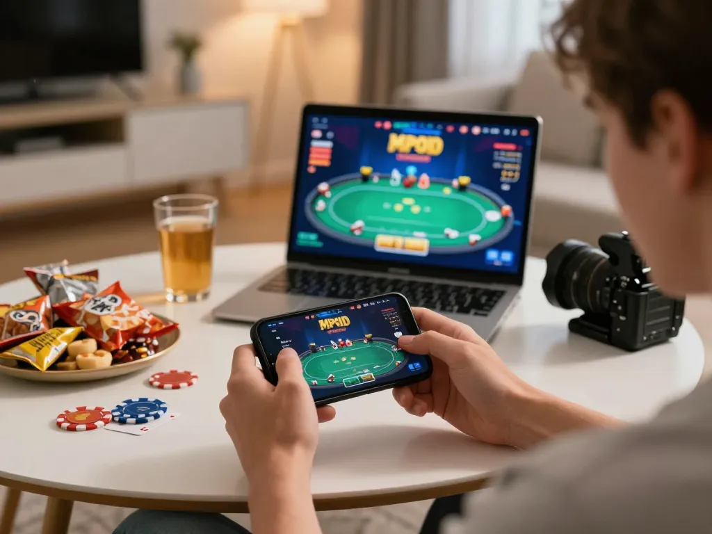 Engaging experience accessing MPOID game links on a smartphone in a cozy home setting