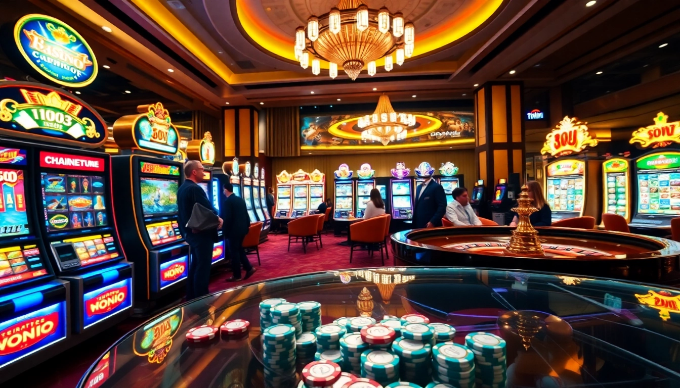 Players engaging with slot machines at 98win casino, showcasing excitement and luxury.