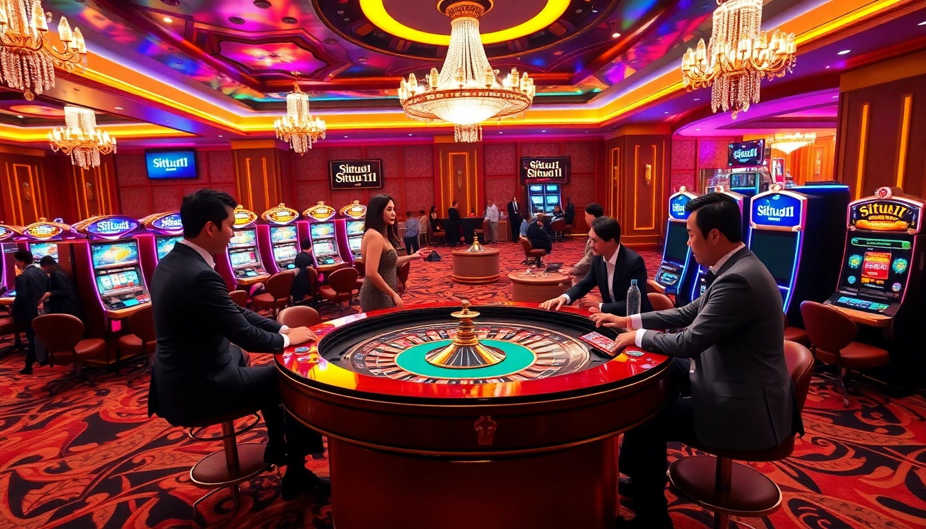 Situs11 players enjoying a thrilling game at the roulette table in a vibrant casino setting.