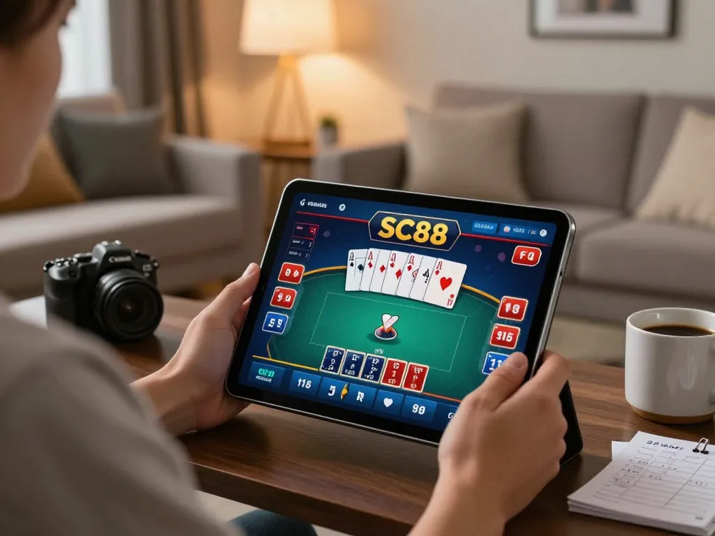 Engaging online gaming session with a player using SC88 on a tablet, showcasing a vibrant poker interface in a cozy home.