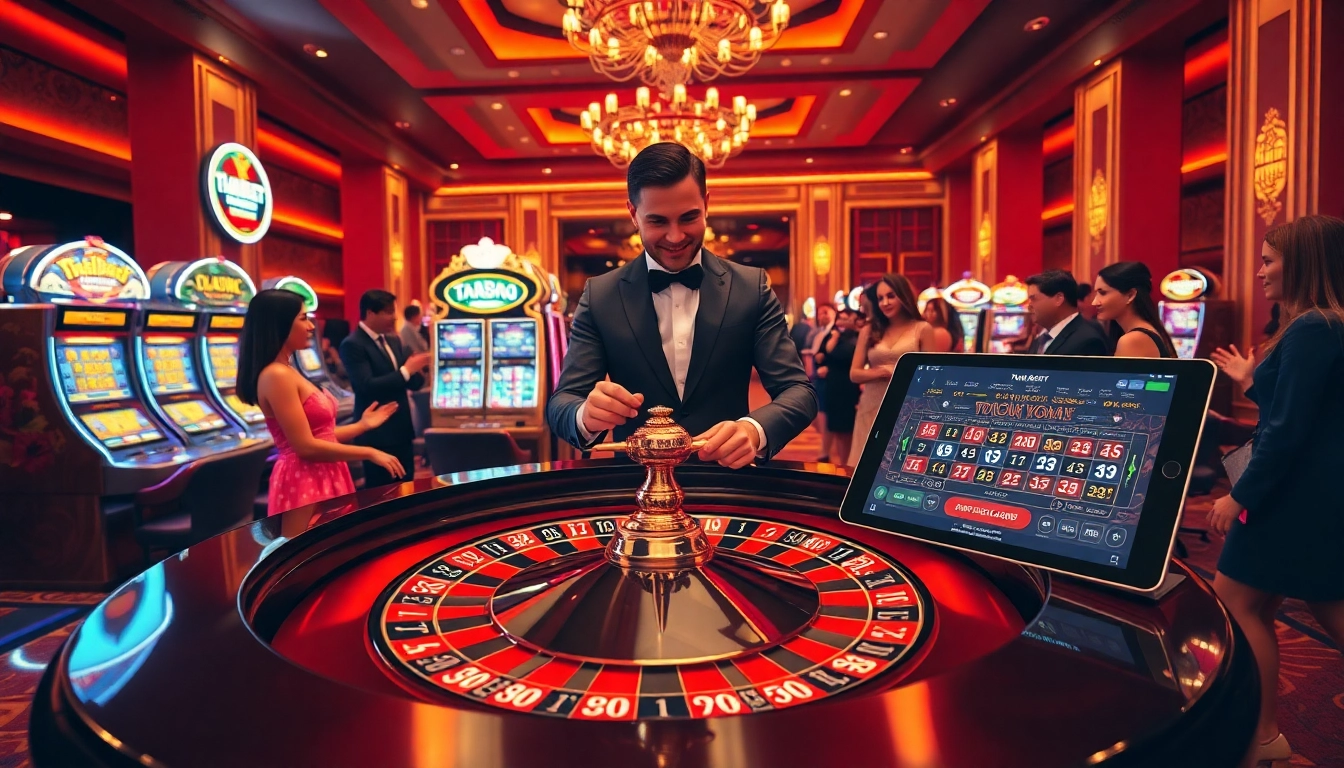 Experience the thrill of thabet com at a luxurious casino with vibrant slot machines and roulette action.