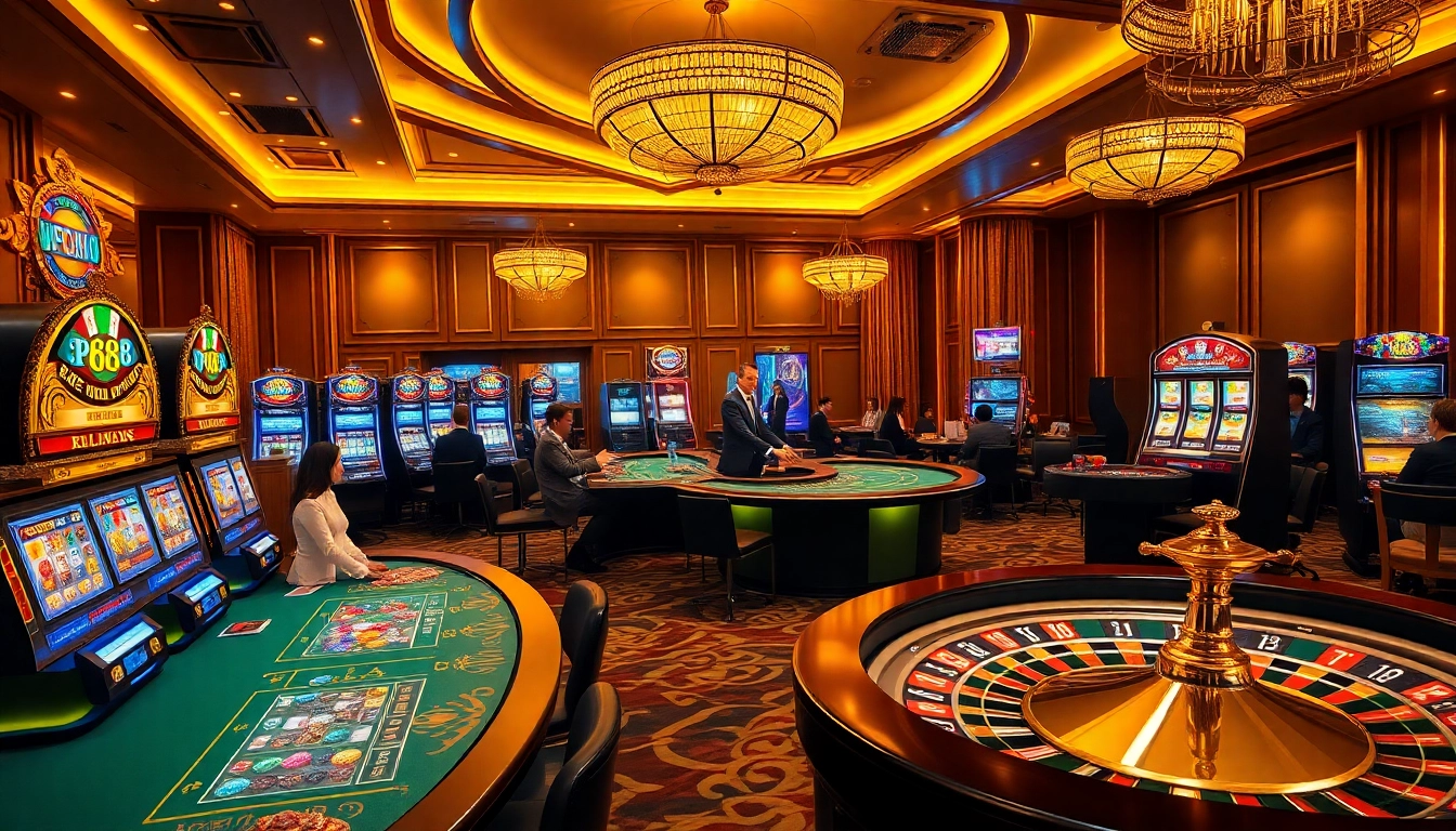 Engaged players experience the luxury of pg88 casino gameplay with vibrant tables and slot machines.