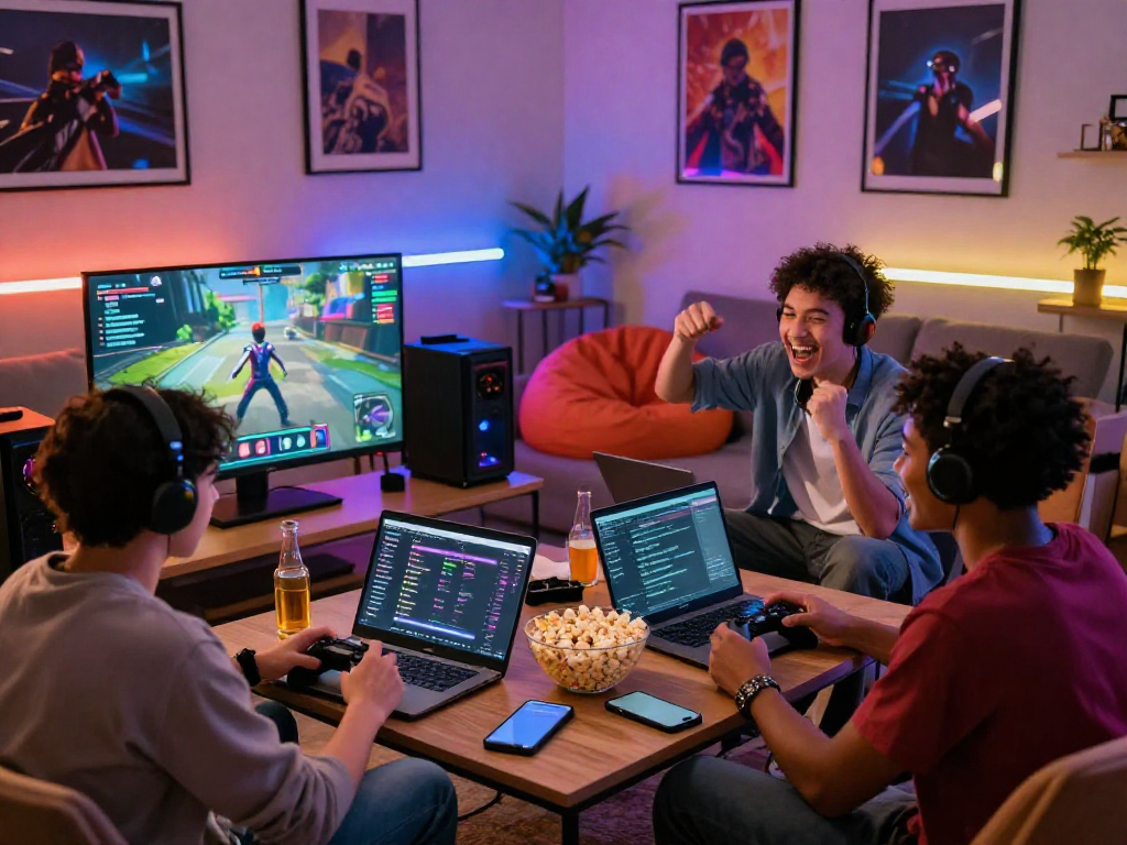 Engaging fair online gaming scene with friends enjoying a virtual session, showcasing lively interaction.
