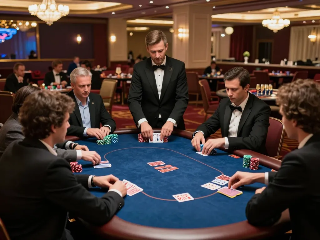 Players engage in intense poker gameplay at a luxurious casino table, showcasing kkwin strategies.