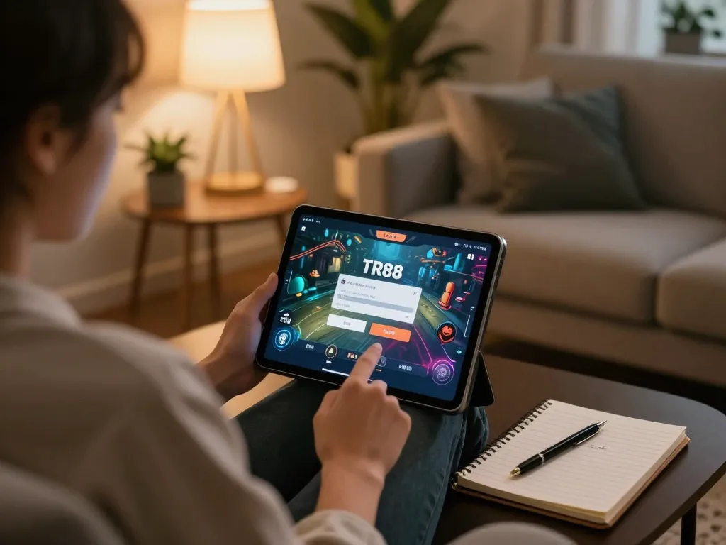 Engaging in online gaming with Tr88 đăng nhập on a tablet while relaxing at home