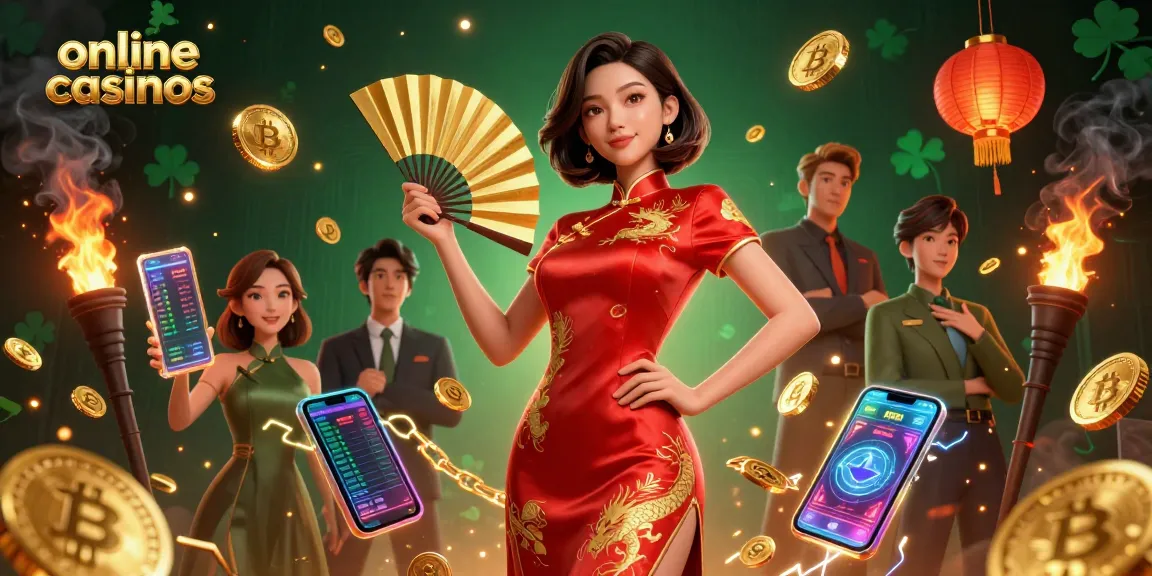 Experience vibrant online casinos with an elegant woman in traditional dress amidst coins and crypto.