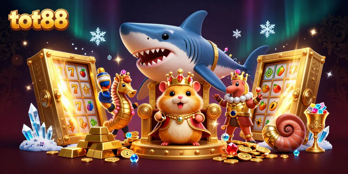 Spin the reels with tot88's 3D casino scene featuring a hamster king and slot highlights.