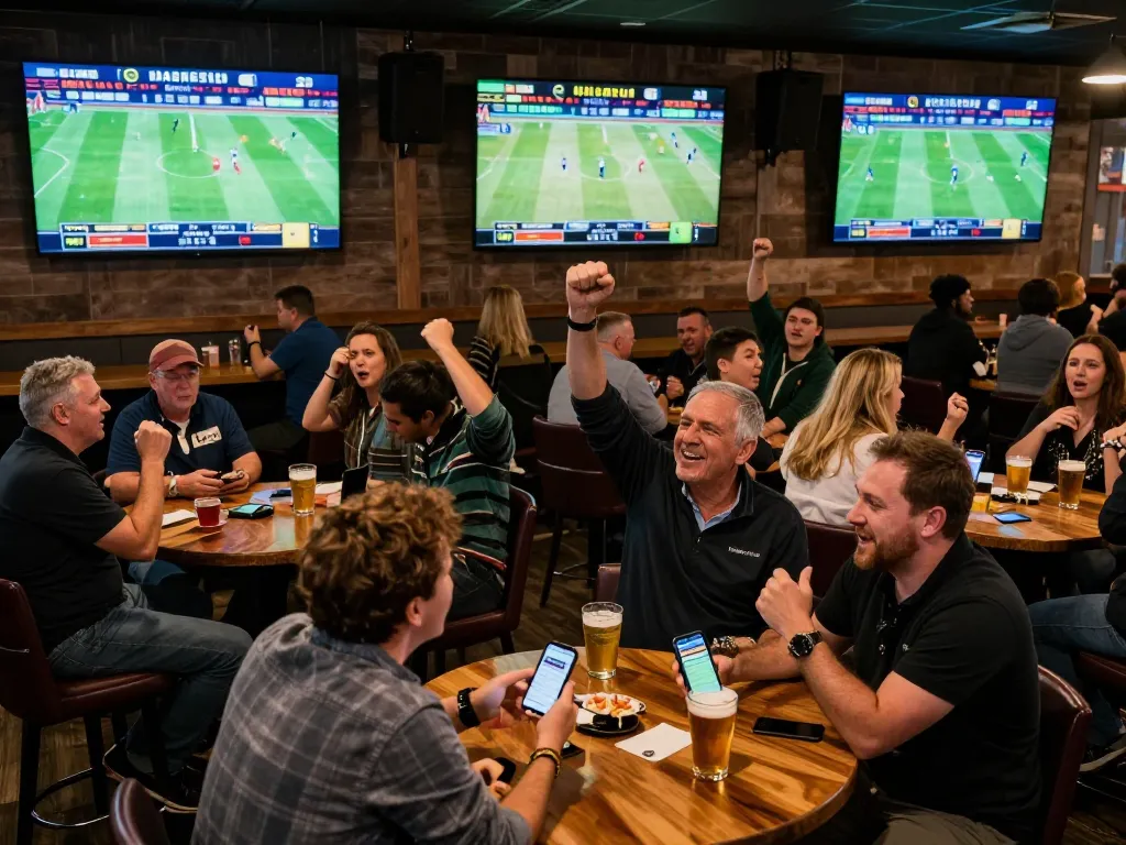 Patrons engaged in sports betting excitement at a lively bar, showcasing uu88's betting atmosphere