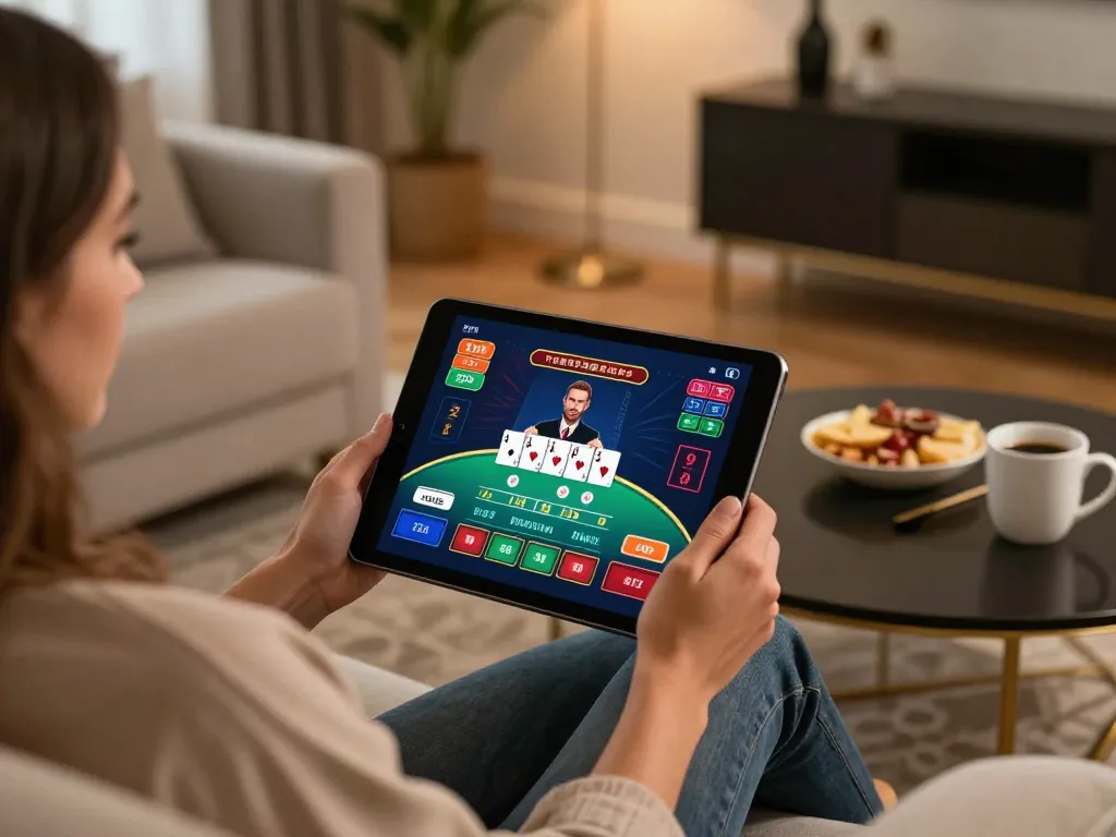 Engaging in responsible gaming with 388bet on a tablet at home while enjoying live dealer blackjack.