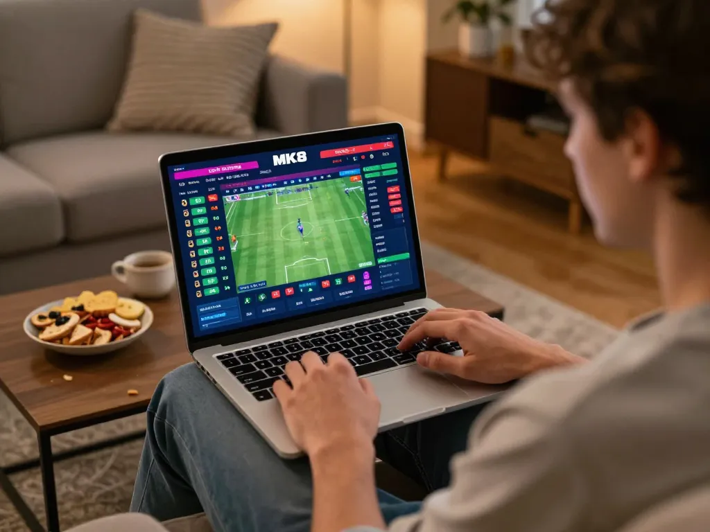 Engaging in sports betting on MK8's online platform with live odds displayed on laptop.