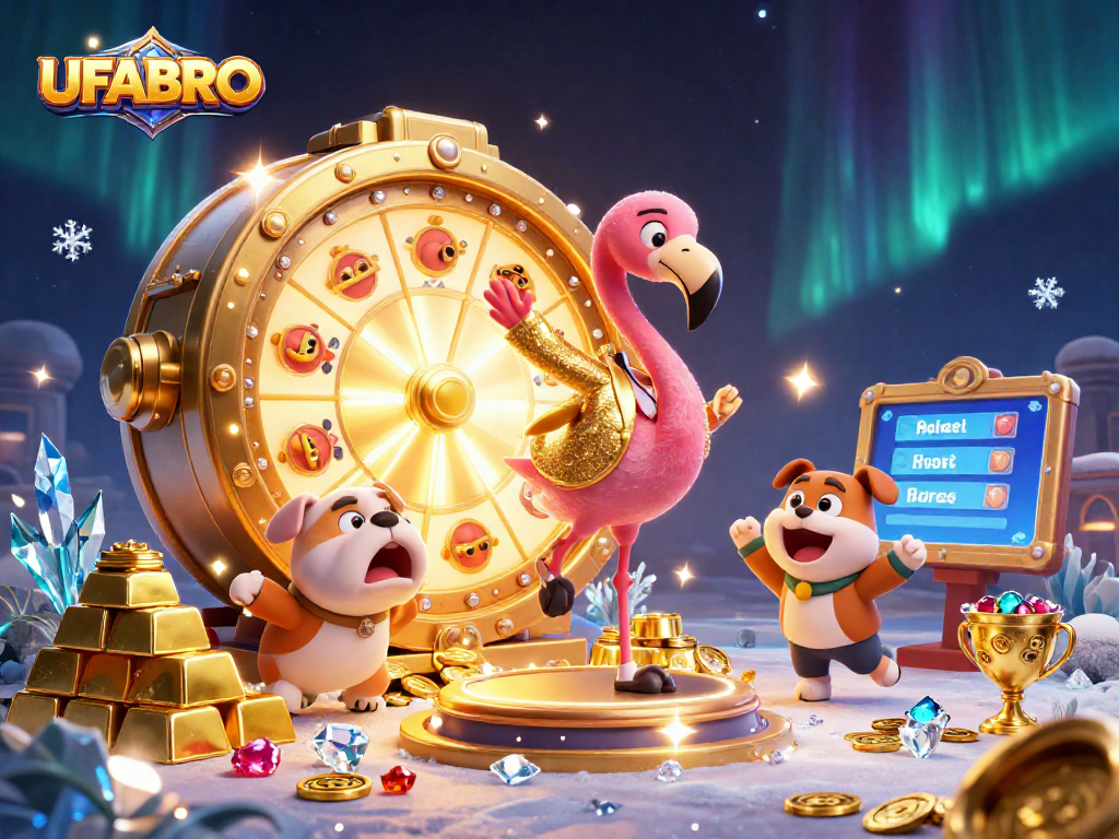 Win big with UFABRO as a flamingo game show host spins a prize wheel surrounded by treasures.