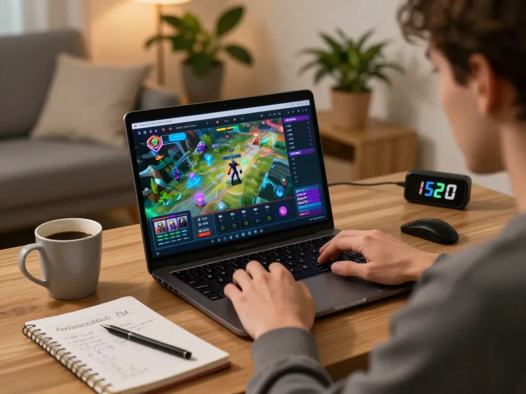 Engaging in online gaming at NEGO77, showcasing strategy notes and a vibrant interface in a cozy environment.
