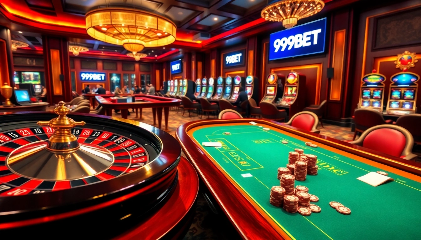 Experience the thrill of 999BET with players enjoying poker and roulette at a luxurious casino.