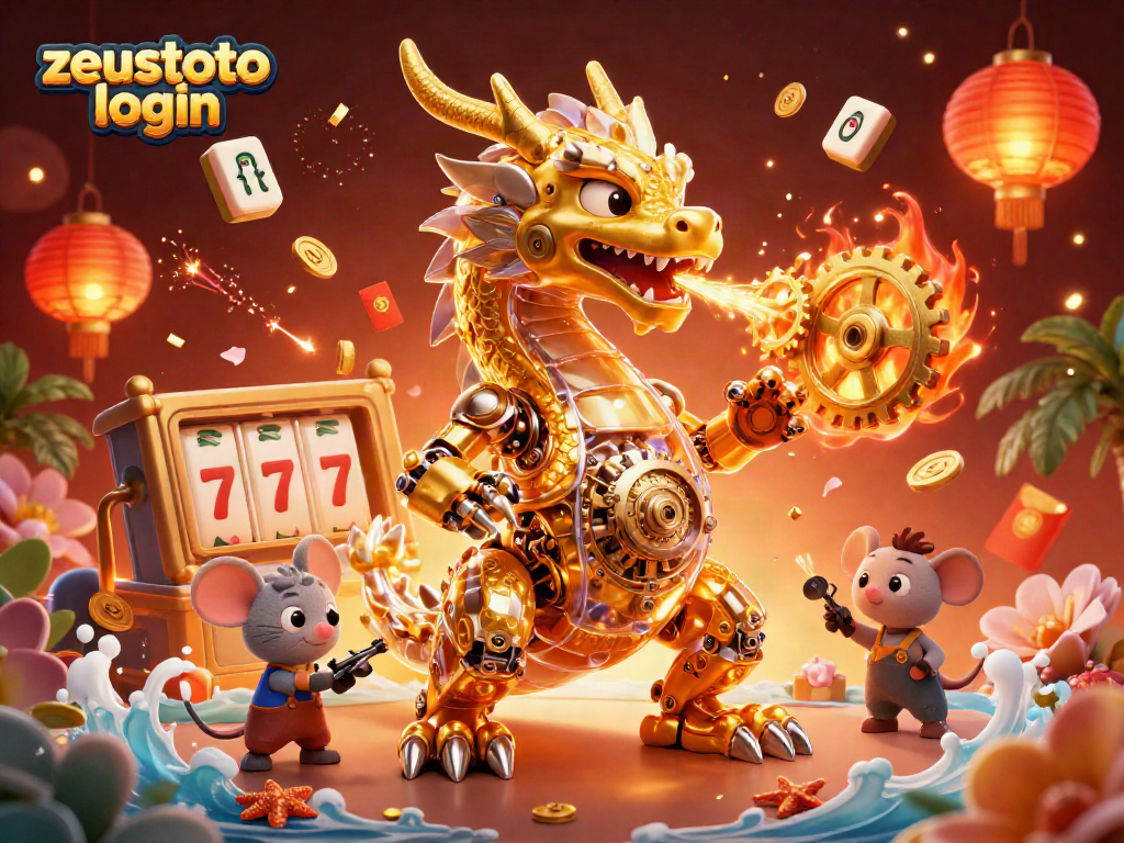 Join the action at zeustoto login with a vibrant 3D scene of a dragon and slot reels!