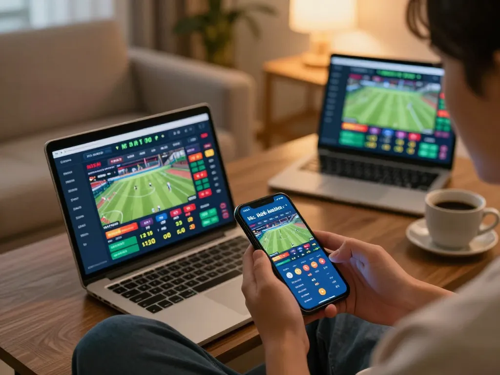 Betting on kèo nhà cái hôm nay via smartphone while relaxing on a modern sofa, showcasing engaging sports betting interface