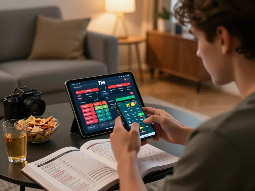 Engaging in sports betting on the 7m app in a cozy home setting.