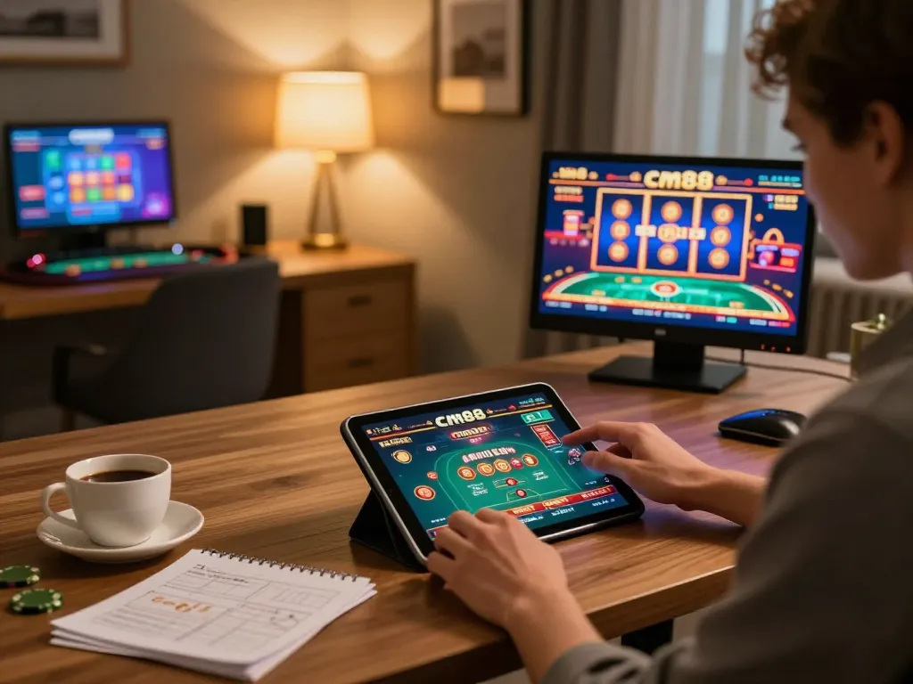 cm88 player engaging in online casino game with tablet in a stylish home setup.