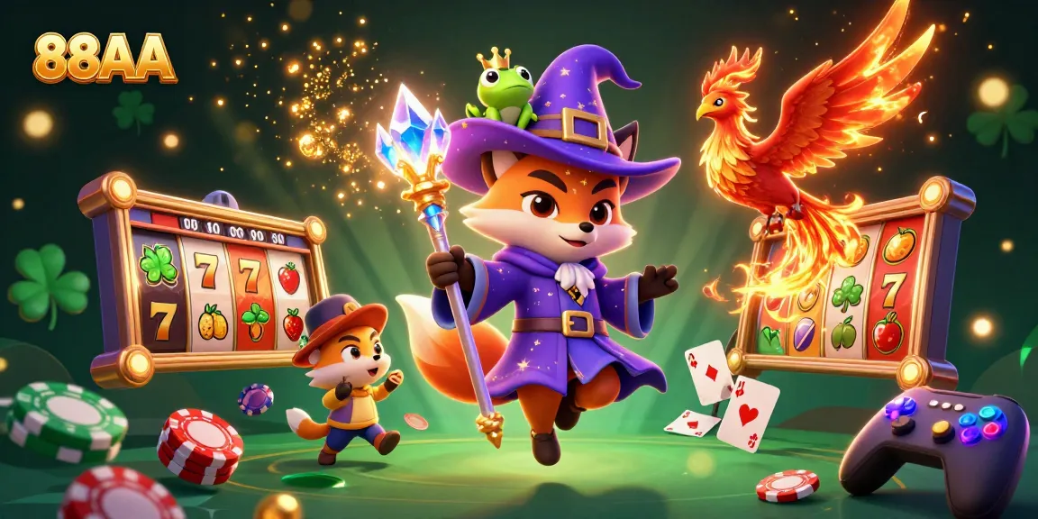Experience the thrill of 88AA slots with enchanting wizardry in a vibrant casino scene.