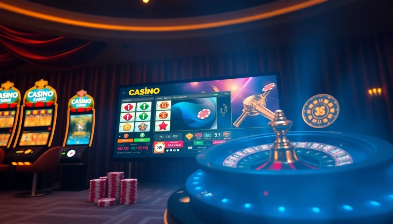 Thrilling gaming scene featuring qh88's virtual casino interface with vibrant slot machines and poker chips.