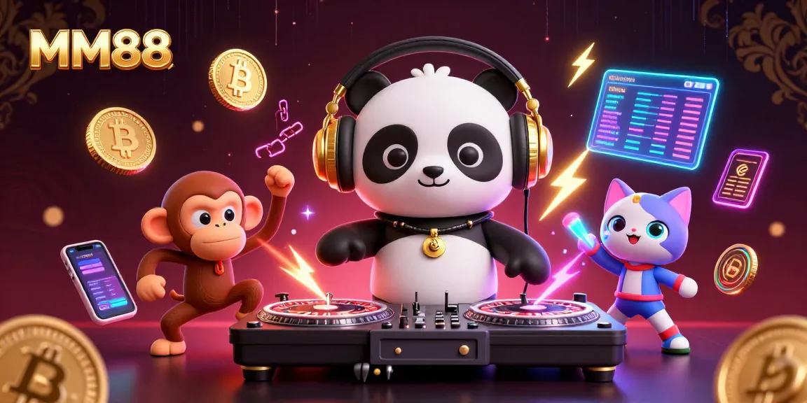 Celebrate winnings at MM88 with a lively digital casino scene featuring energetic characters and gaming elements.