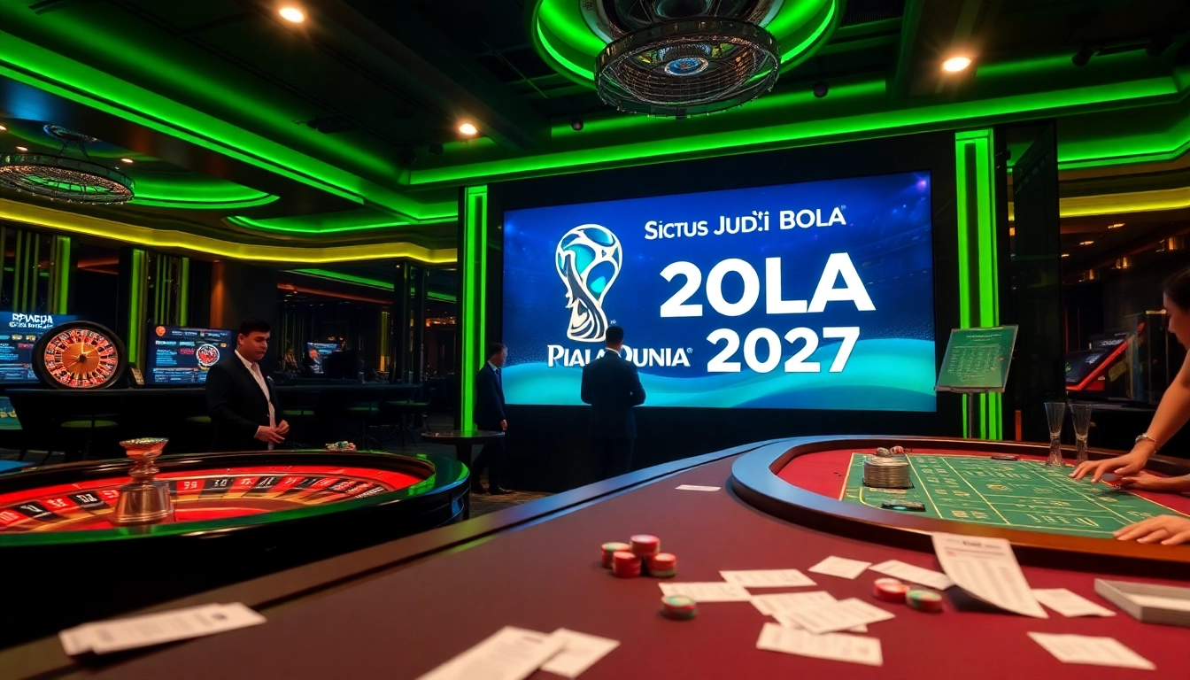 Situs Judi Bola Piala Dunia 2027 betting scene in a luxurious casino with excited gamblers.