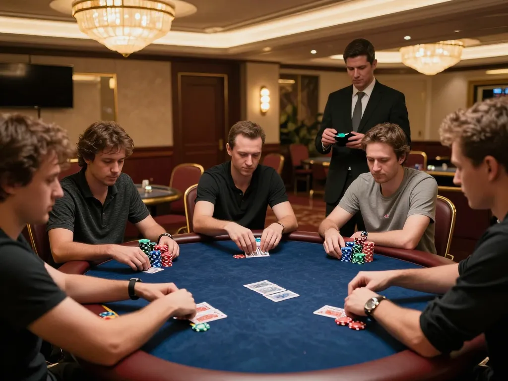Tg88 poker players strategizing in an upscale casino, vibrant chips and focused expressions captured.