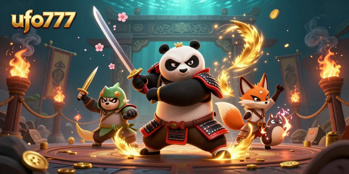 Engage in the thrilling adventures of ufo777 with a dynamic cartoon illustration featuring samurai panda and ninja fox.