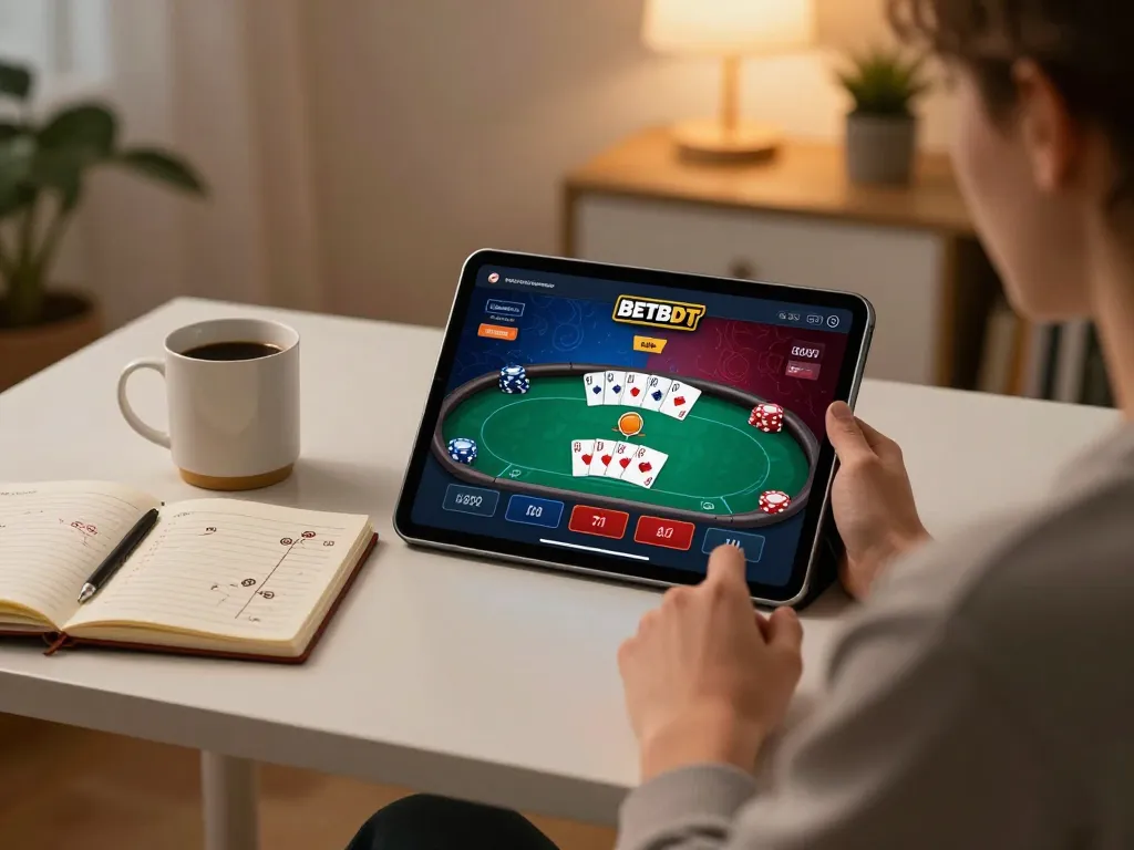 Engaged BETBDT login on a tablet with poker game interface, cozy home office ambiance.