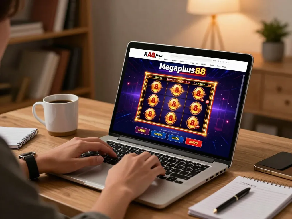 Player gaming online at megaplus88 with laptop displaying vibrant slots game and notes on bankroll.