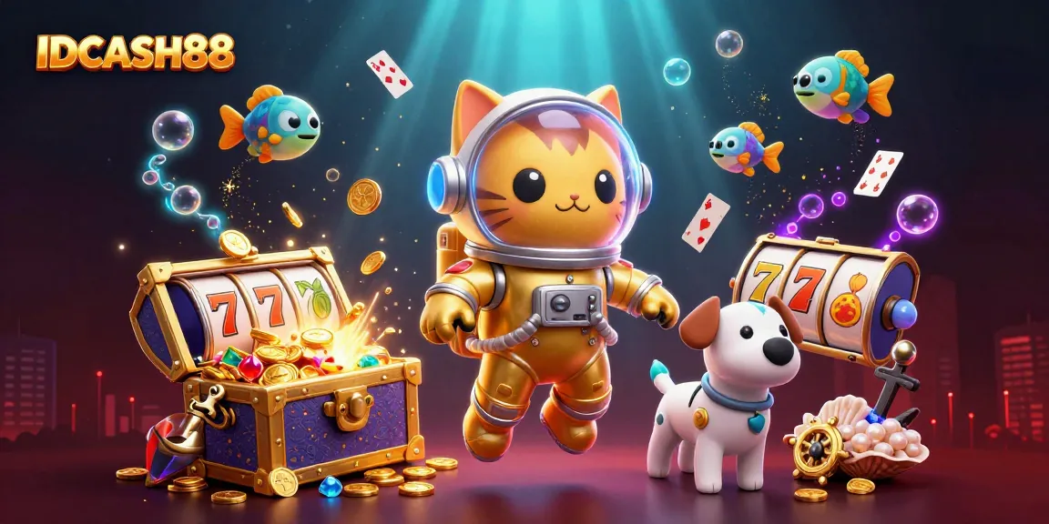 IDCASH88 showcases exciting slot reels and engaging characters in a dynamic casino-themed scene.