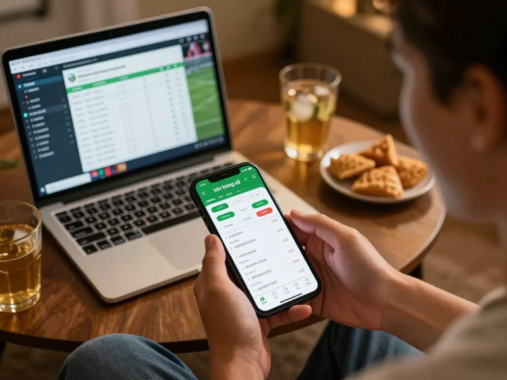 Engaged user analyzing kèo bóng đá on smartphone while placing bets online, showcasing dynamic sports betting moment.
