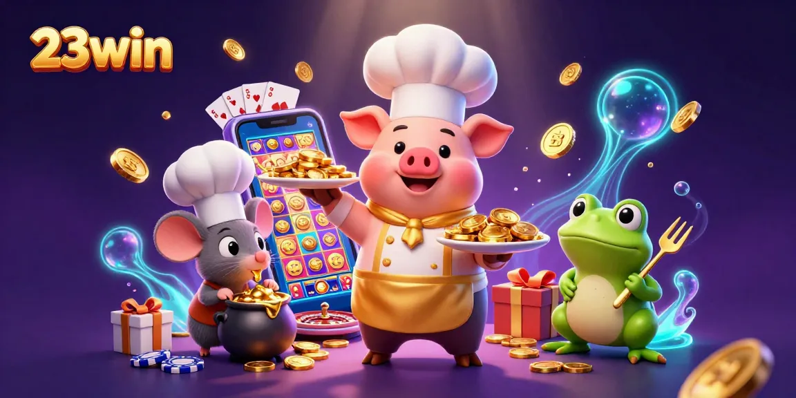 Experience big wins with 23win as a chef pig serves gold coins, encapsulating a vibrant casino atmosphere.