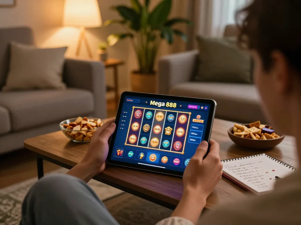Mega 888 mobile gaming setup with vibrant slot reels and strategy notes.